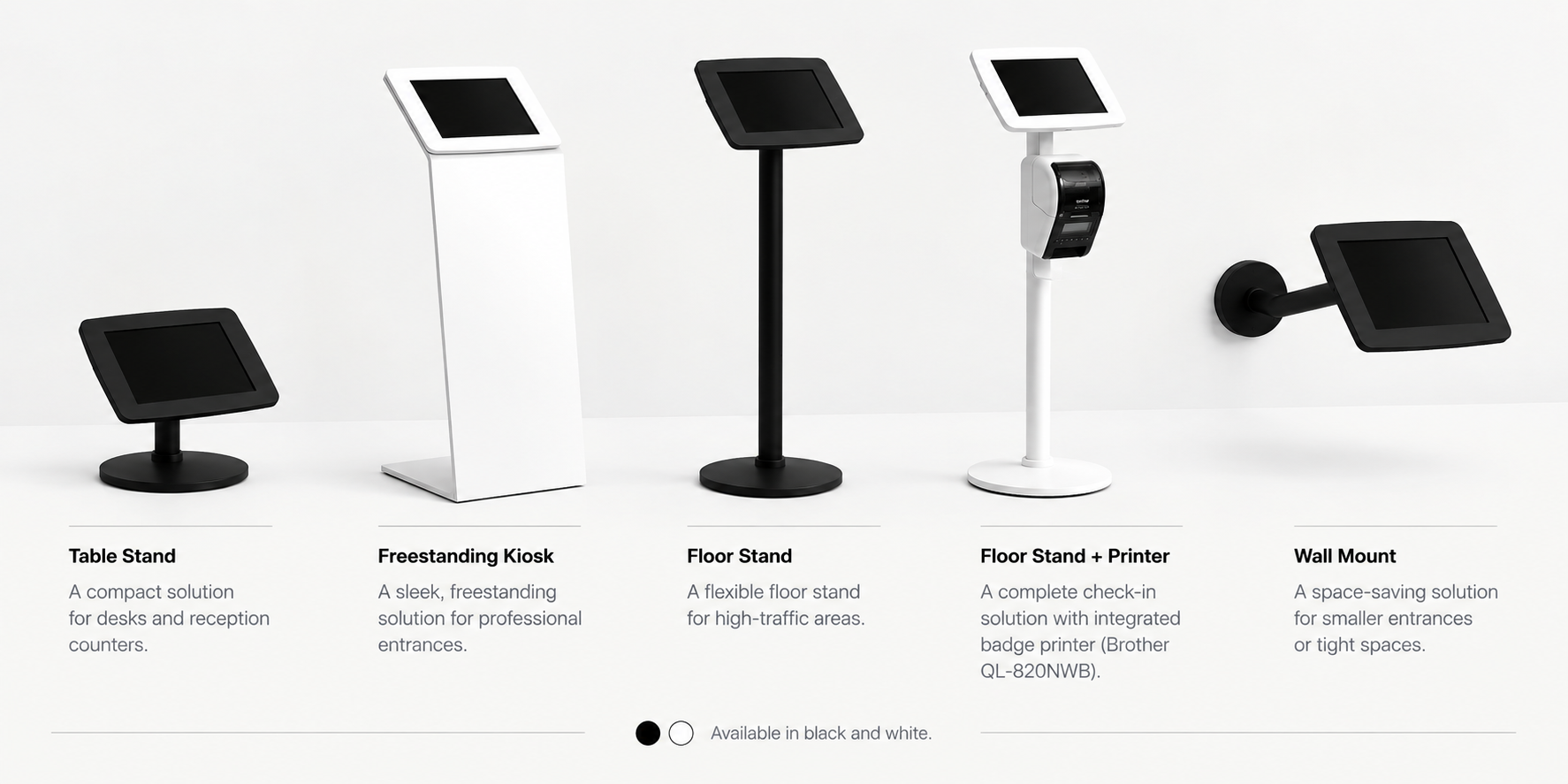 iPad visitor kiosk stand options for Lobbipad, including tabletop, floor, printer and wall-mounted setups.